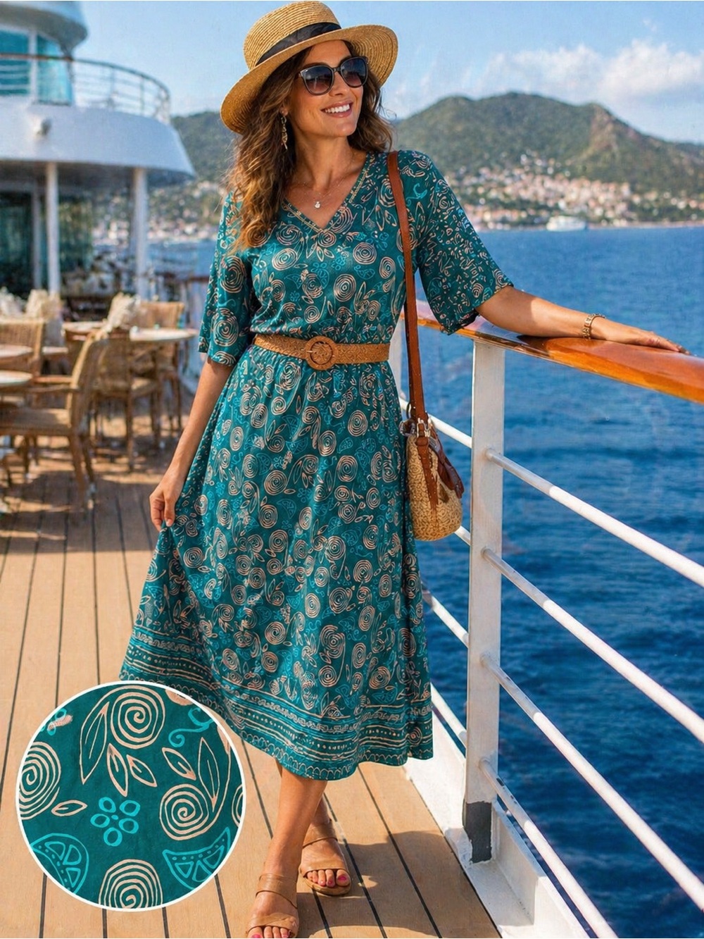 Patio Casuals Cotton Midi Dress Large Teal Boho Shift Loose Fit Short Sleeve